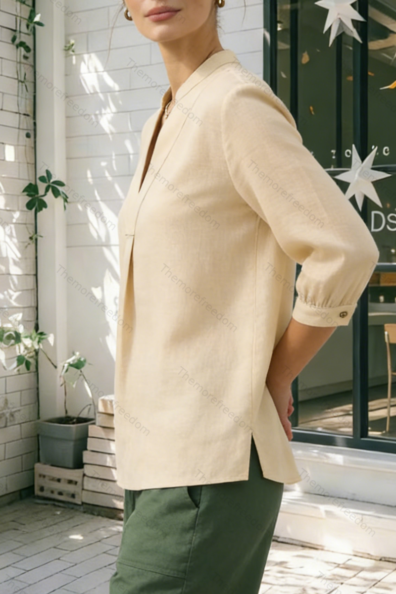 Women's comfortable and casual cotton and linen split-hem V-neck pullover shirt