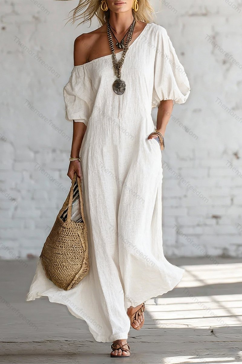 Women's Solid-Color Loose-Fit Off-the-Shoulder Dress — Sophisticated Vintage Style