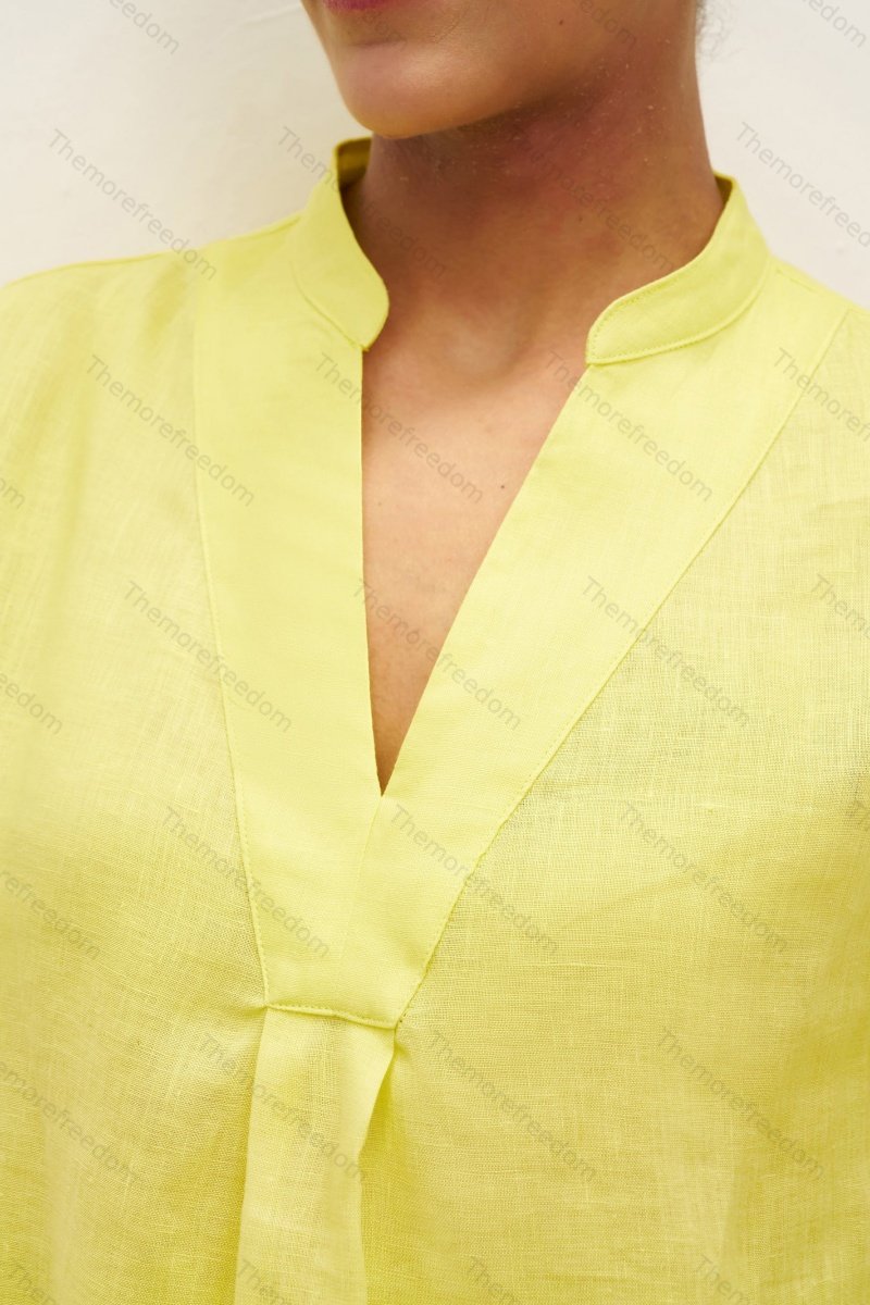 Women's comfortable and casual cotton and linen split-hem V-neck pullover shirt