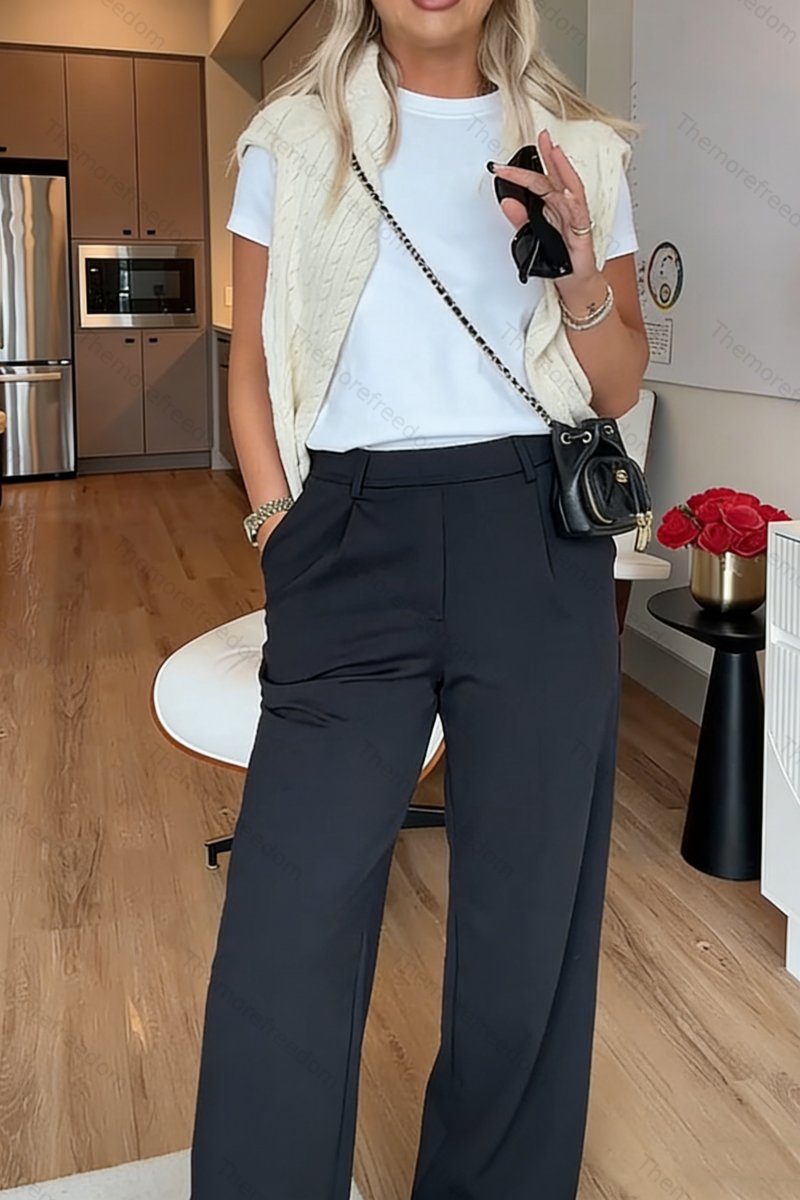 Women's simple  loose-fitting  solid-color straight-leg trousers