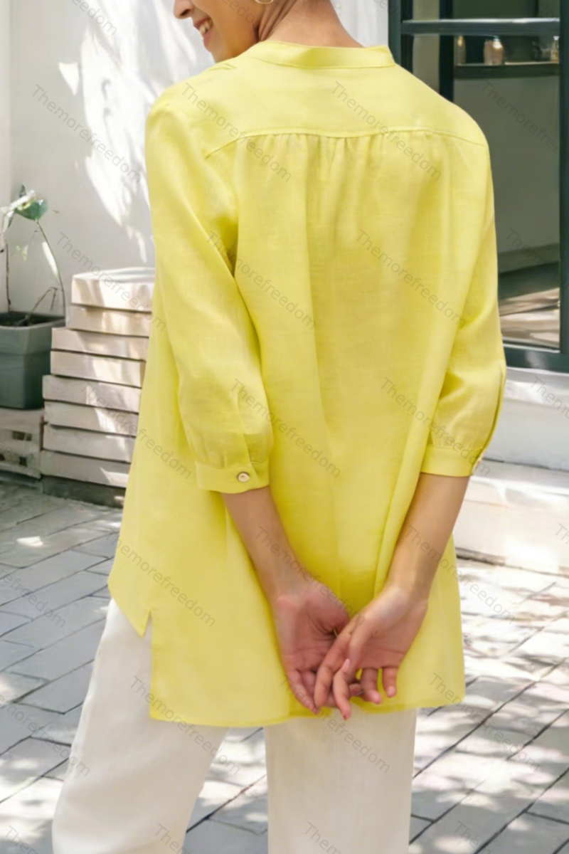 Women's comfortable and casual cotton and linen split-hem V-neck pullover shirt