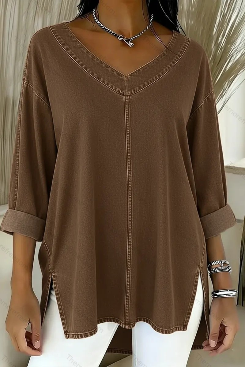 Women's street style denim comfortable casual V-neck top