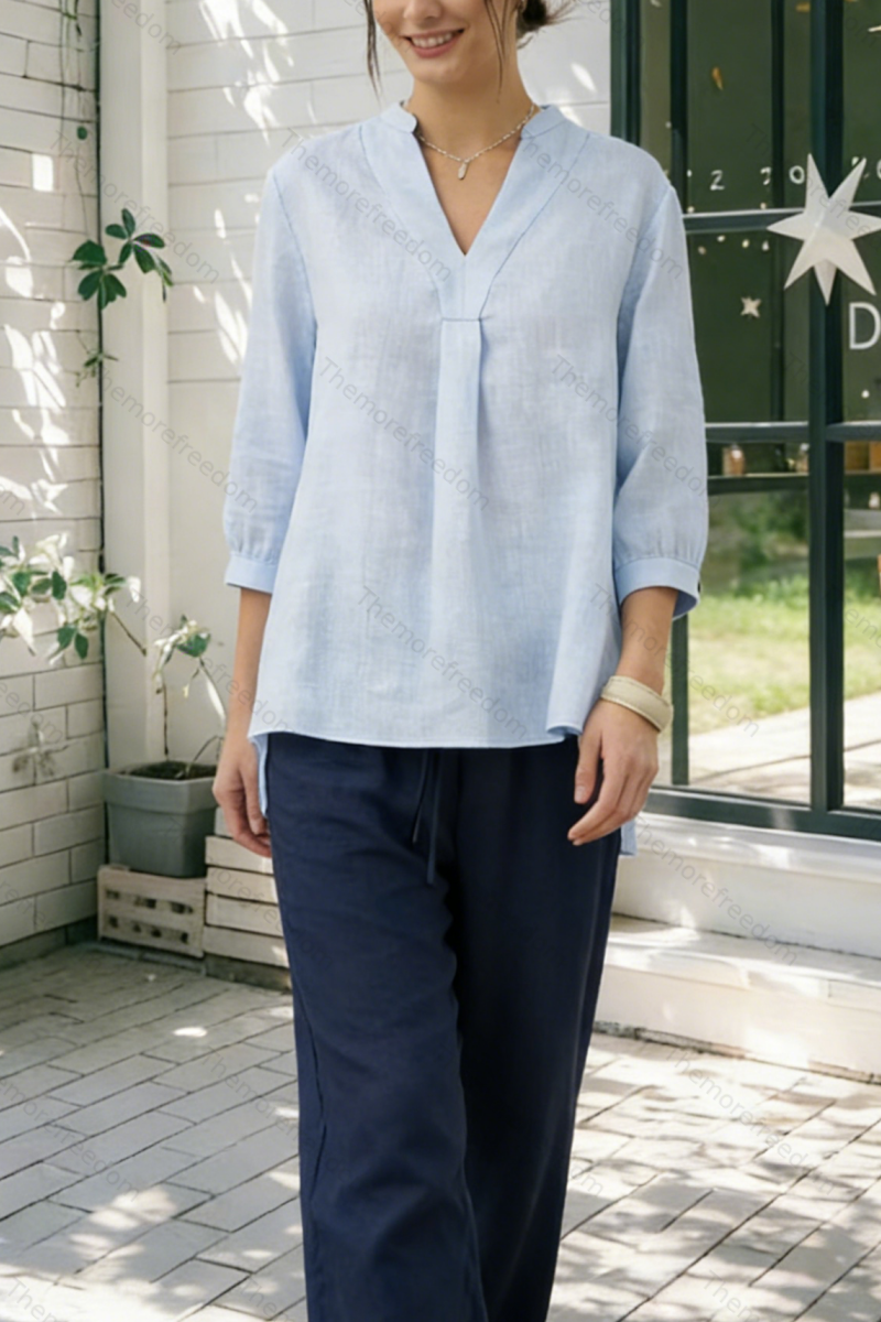 Women's comfortable and casual cotton and linen split-hem V-neck pullover shirt