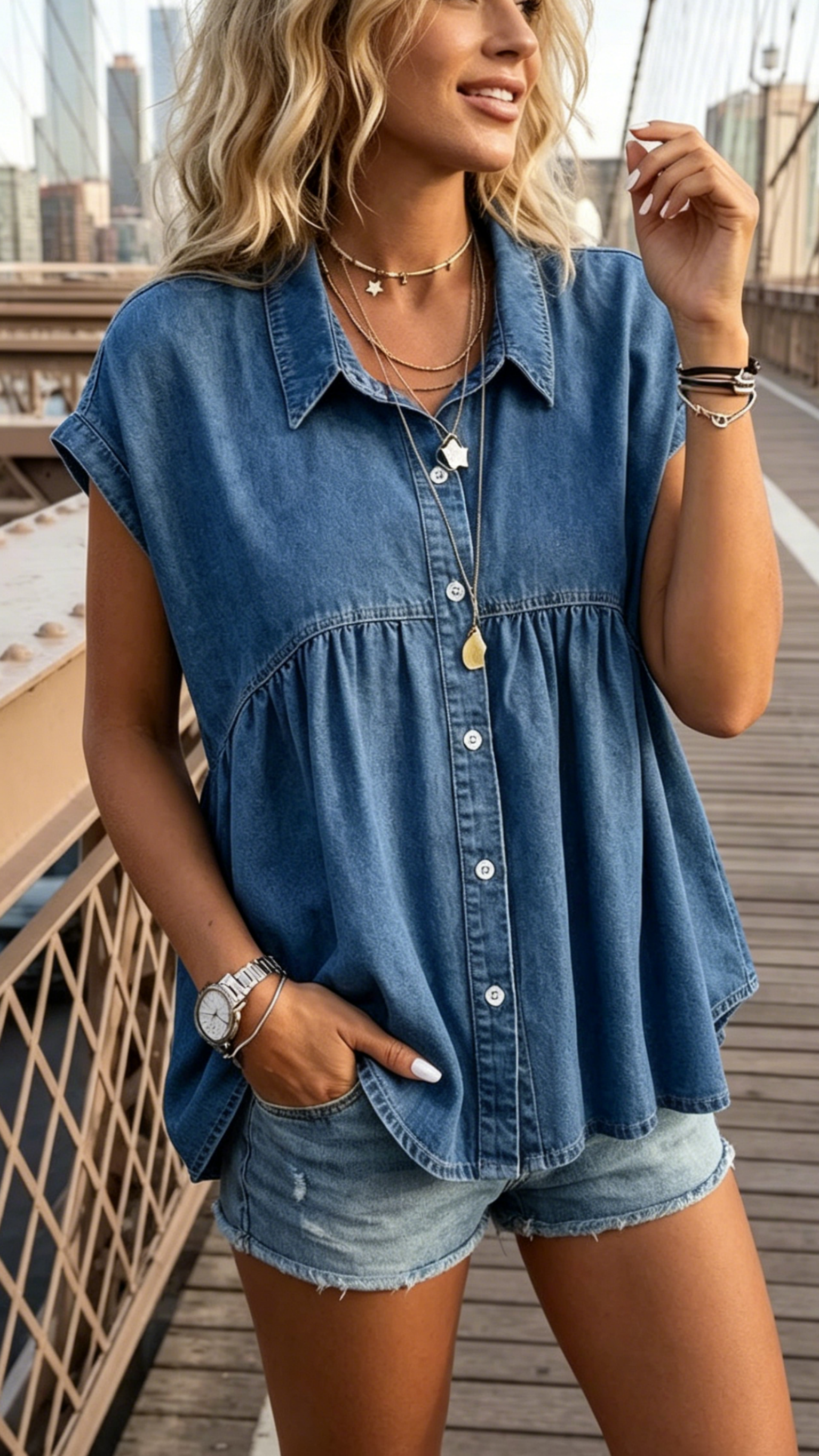 Women's Stylish, Comfortable, and Casual Faux-Denim Top for Commuting