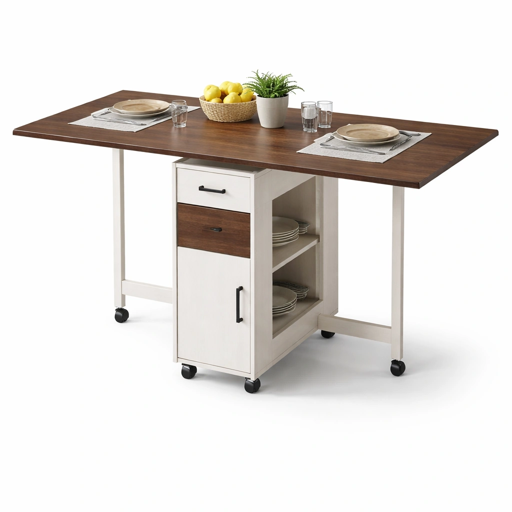 Kuechenwagen Weiss Holz mit Rollen Klappbar-norluxia