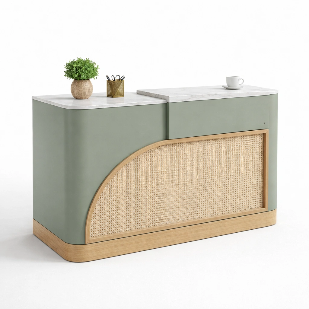 Moderner Empfangstresen Gruen Holz Rattan Design-lumvario