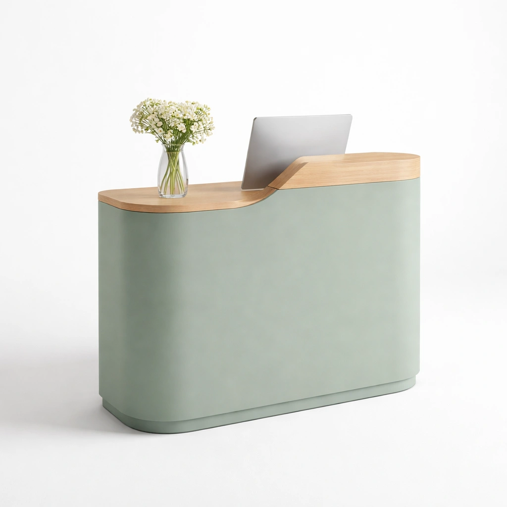 Kompakter Empfangstresen Gruen Holz Minimalistisch-lumvario
