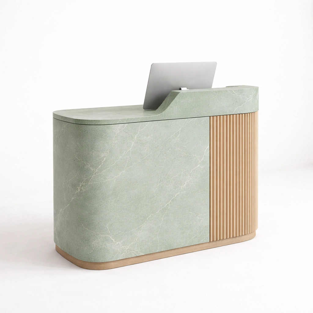 Empfangstresen Gruen Steinoptik Holz Modern-lumvario