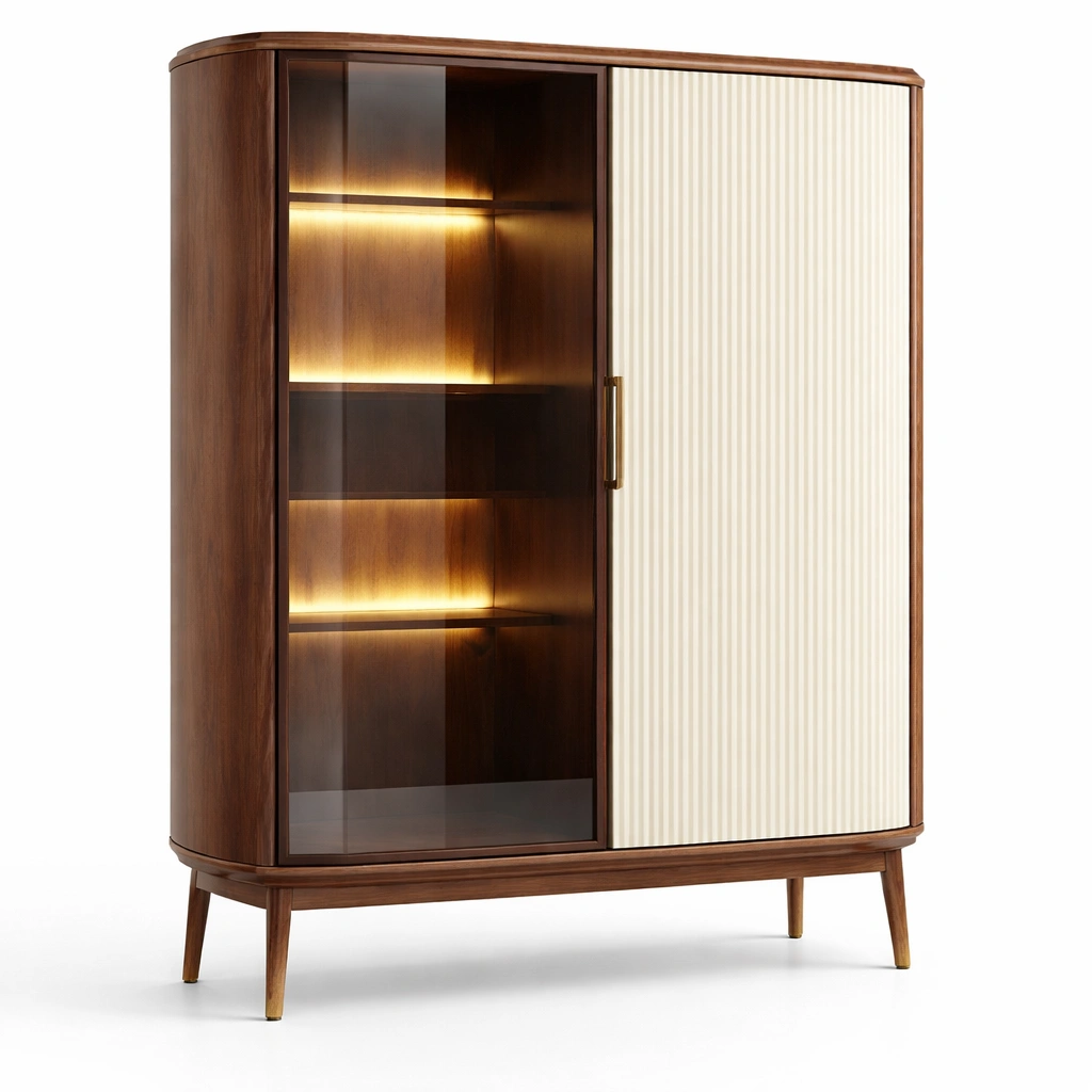 Vitrinenschrank Braun Holz mit Beleuchtung und Glasfront-aethonliving