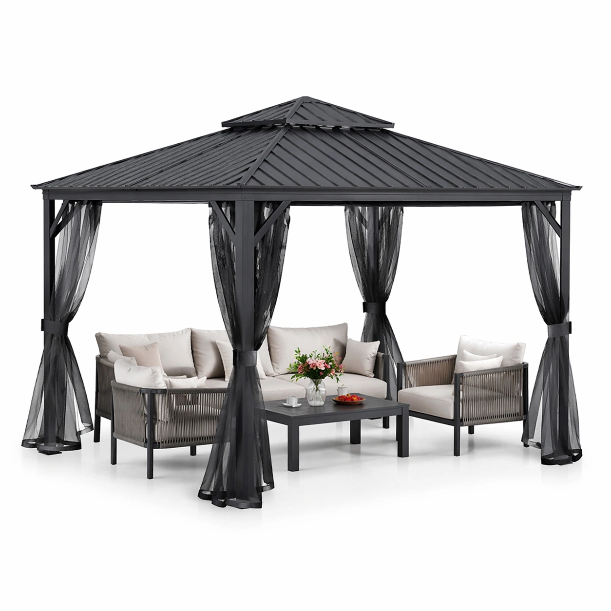 Gartenpavillon mit Metallrahmen und Dach anthrazit modern stabil wetterfest fuer Terrasse Gartenbereich gross ueberdacht und vielseitig nutzbar-elvareno