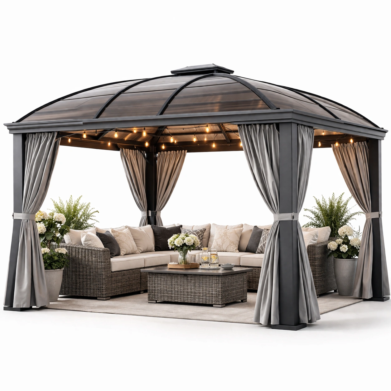 Luxus Gartenpavillon mit festem Dach und Beleuchtung gross modern wetterfest fuer Terrasse Lounge Bereich stabil langlebig fuer ganzjaehrige Nutzung geeignet-elvareno