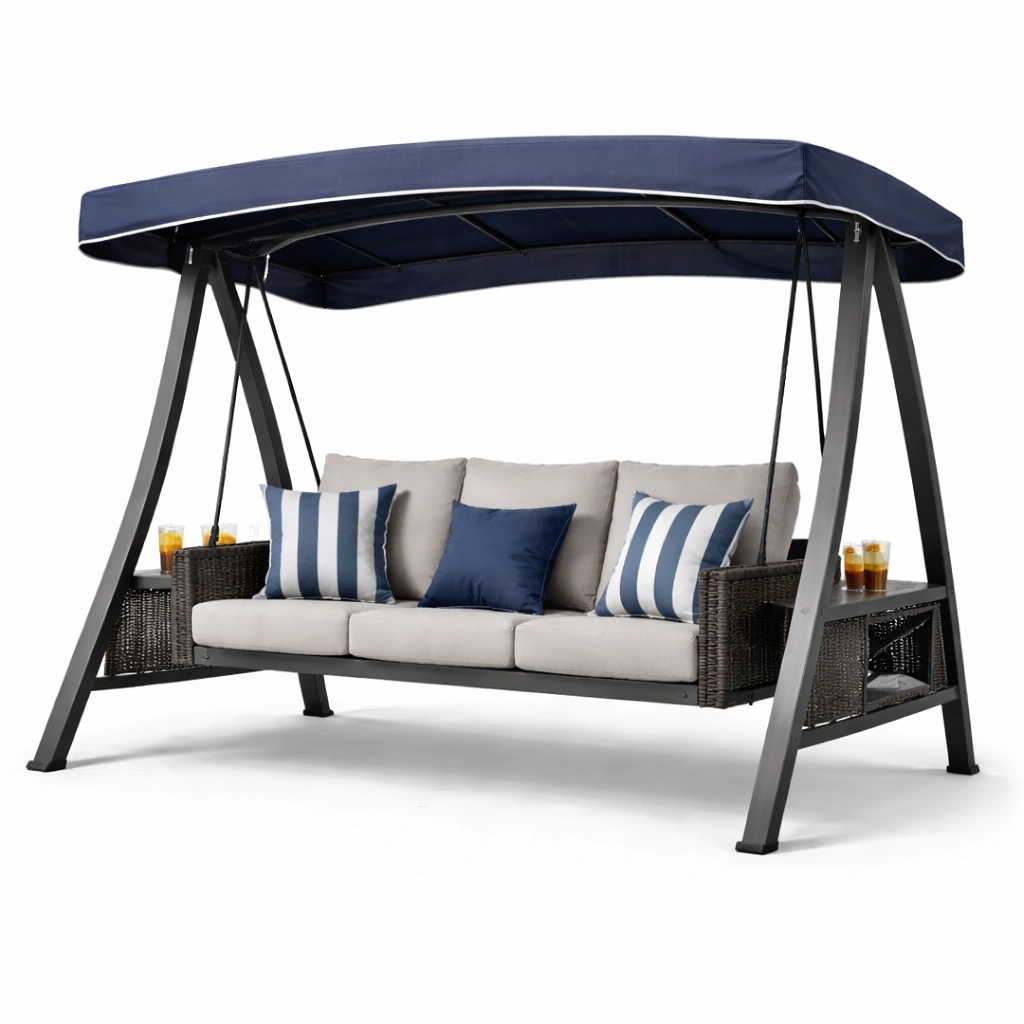 Hollywoodschaukel mit Dach gross modern wetterfest stabil fuer Garten Terrasse Balkon komfortabel mit Kissen und robustem Gestell fuer entspannung outdoor-elvareno