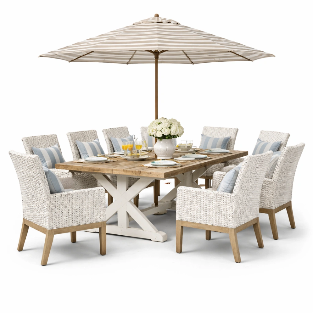 Garten Essgruppe aus Holzoptik mit Tisch und acht Stuehlen klassisch stabil wetterfest fuer Terrasse Gartenbereich komfortabel stilvoll langlebig fuer Familienessen geeignet-elvareno