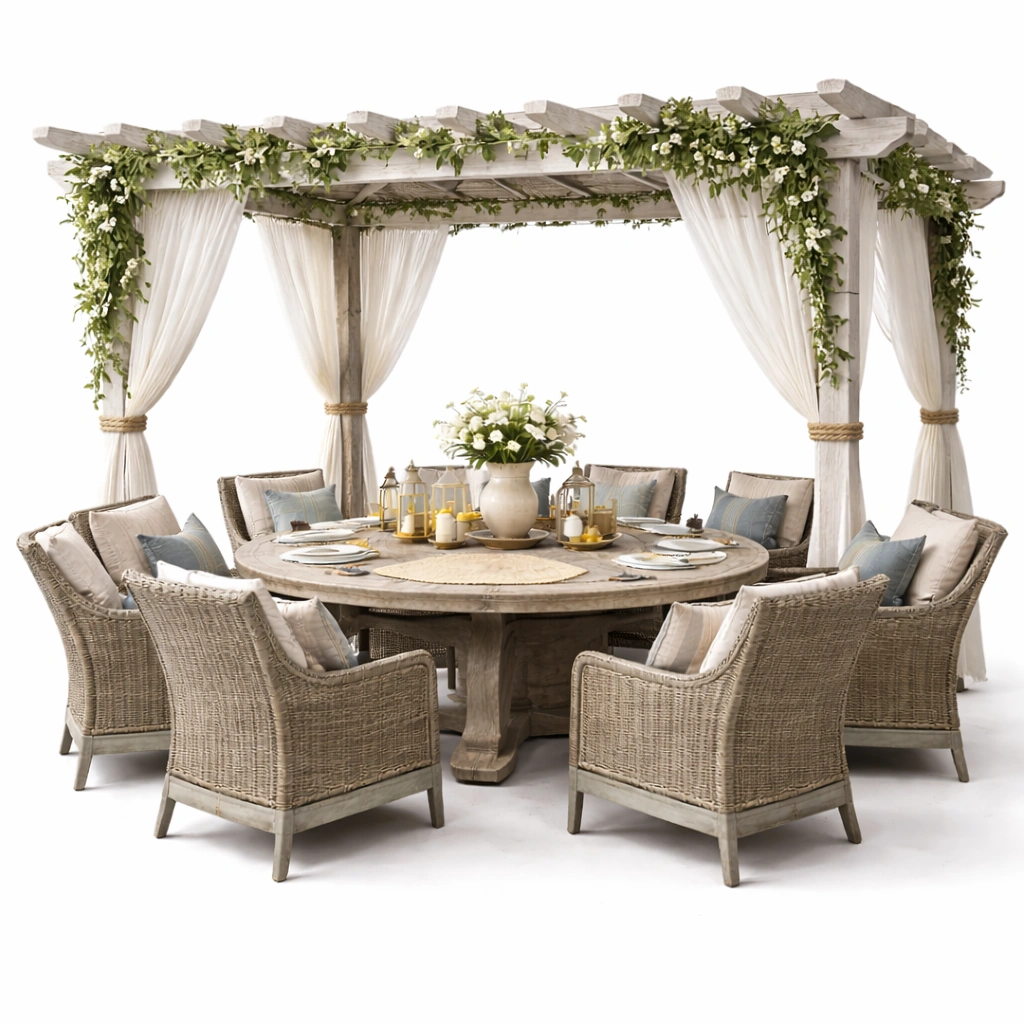 Garten Essgruppe rund mit Pavillon und acht Stuehlen stabil wetterfest Holzoptik fuer Terrasse Gartenbereich gross komfortabel fuer gesellige Abende im Freien geeignet-elvareno