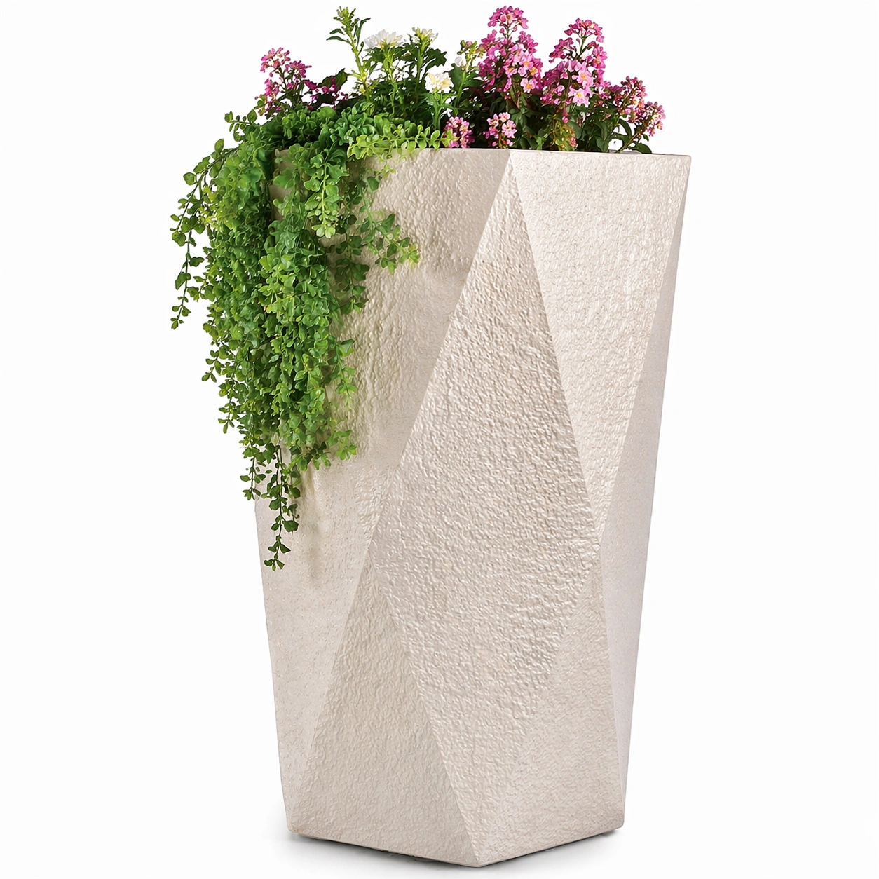 Hoher Pflanzkuebel eckig modern hell stabil wetterfest fuer Garten Terrasse Balkon dekorativ langlebig geeignet fuer Blumen und Gruenpflanzen vielseitig einsetzbar-elvareno