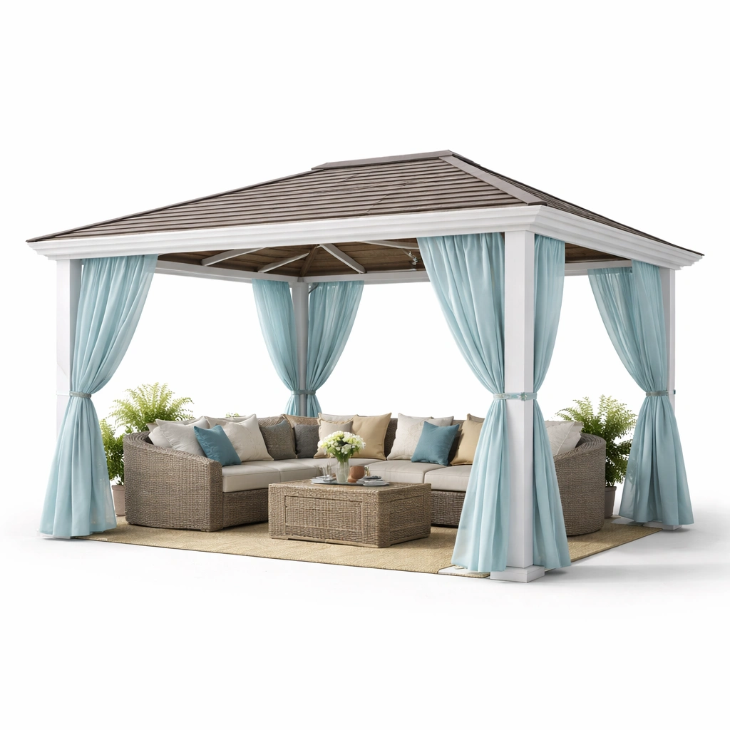 Gartenpavillon modern mit Vorhaengen und stabilem Dach wetterfest fuer Terrasse Gartenbereich gross komfortabel fuer entspannung und gesellige Stunden im Freien geeignet-avelnario