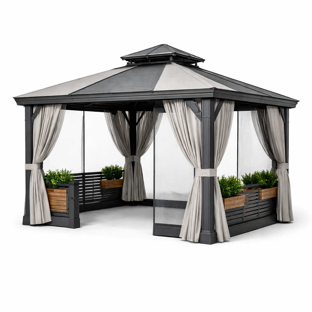 Gartenpavillon aus Metall mit Dach und Vorhaengen stabil wetterfest fuer Terrasse Gartenbereich langlebig gross komfortabel fuer entspannung und gesellige Nutzung geeignet-avelnario