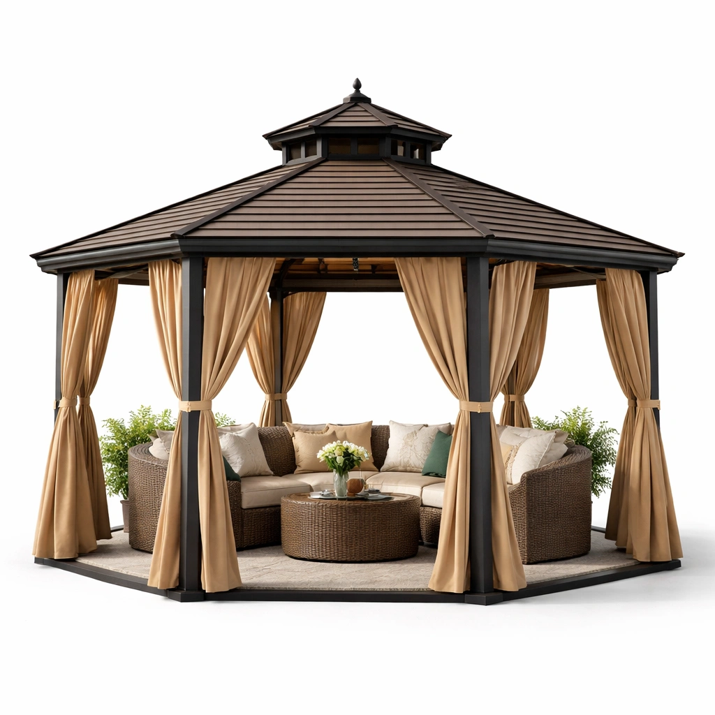 Gartenpavillon sechseckig mit Dach und Vorhaengen stabil wetterfest fuer Terrasse Gartenbereich gross komfortabel langlebig fuer entspannung und gesellige Nutzung geeignet-avelnario