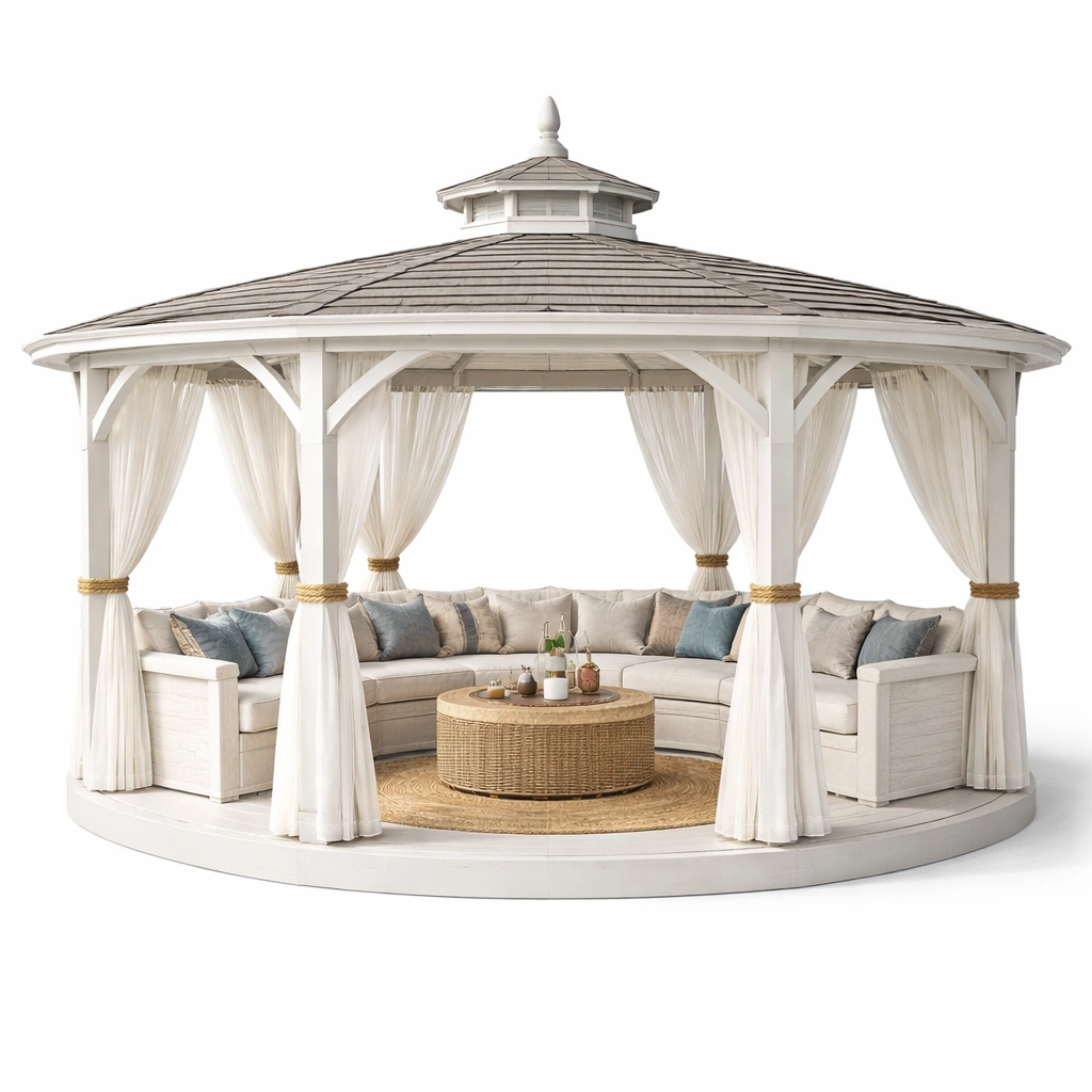 Runder Gartenpavillon aus Holzoptik mit Dach und Vorhaengen stabil wetterfest fuer Terrasse Gartenbereich gross komfortabel langlebig fuer entspannung im Freien geeignet-avelnario