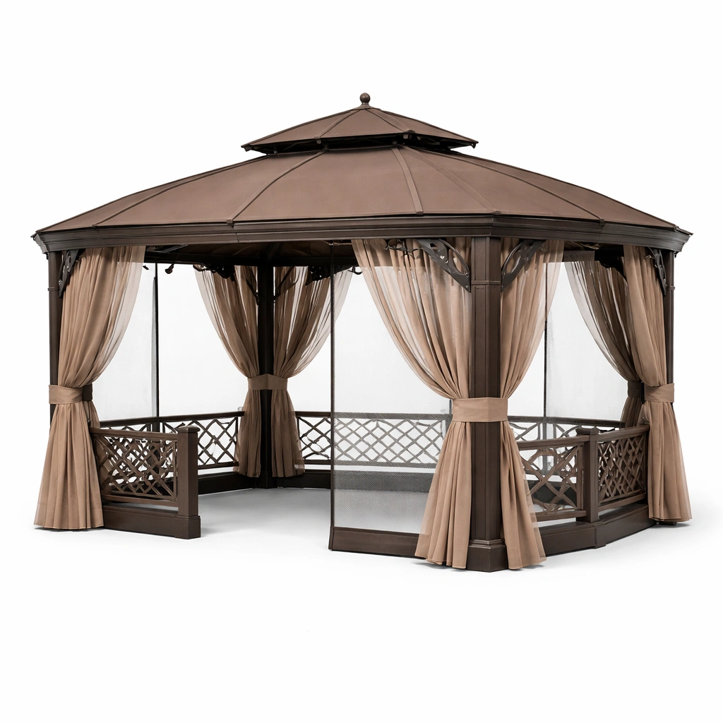 Gartenpavillon aus Metall mit Dach und Vorhaengen stabil wetterfest fuer Terrasse Gartenbereich langlebig gross komfortabel fuer entspannung und vielseitige Nutzung geeignet-avelnario