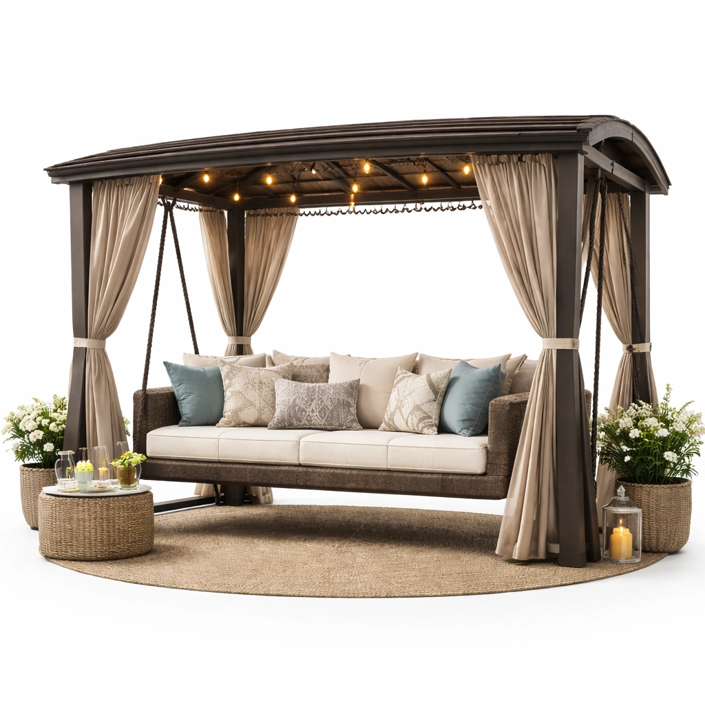 Garten Hollywoodschaukel mit Pavillon und Vorhaengen stabil wetterfest fuer Terrasse Gartenbereich gross komfortabel mit Beleuchtung fuer entspannte Stunden im Freien geeignet-avelnario