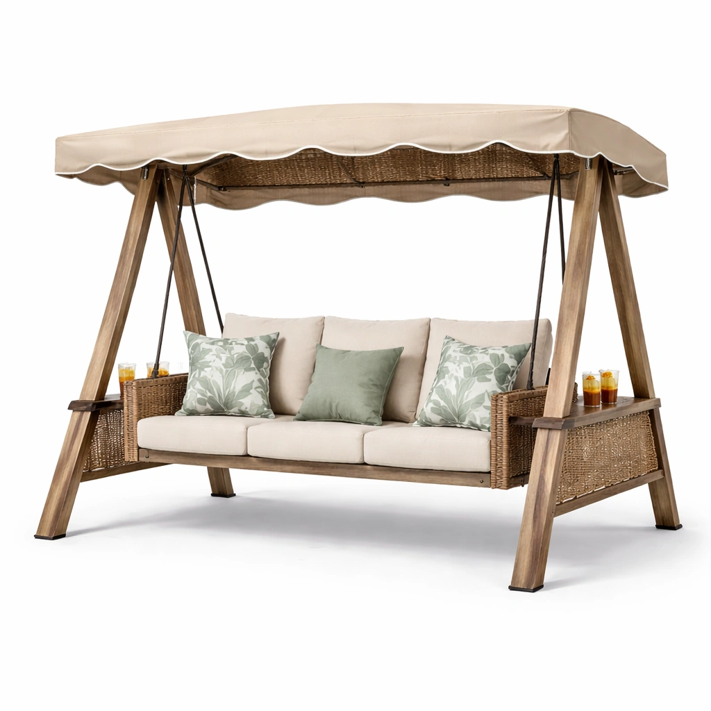 Garten Hollywoodschaukel aus Holz mit Dach und Sitzpolster stabil wetterfest fuer Terrasse Gartenbereich komfortabel langlebig fuer entspannte Stunden im Freien geeignet-avelnario