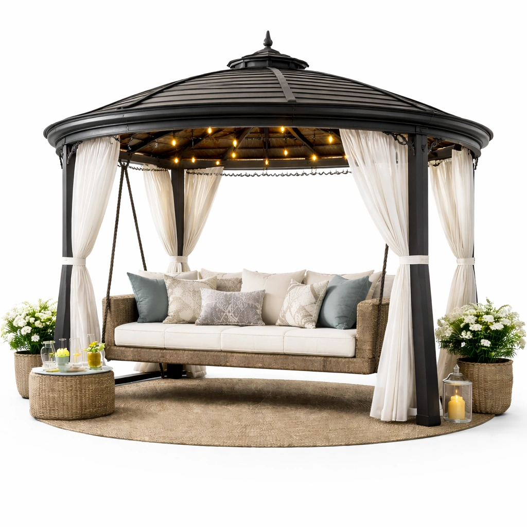 Garten Hollywoodschaukel mit Rundpavillon stabil wetterfest fuer Terrasse Gartenbereich gross komfortabel langlebig mit Beleuchtung fuer entspannte Nutzung im Freien geeignet-avelnario