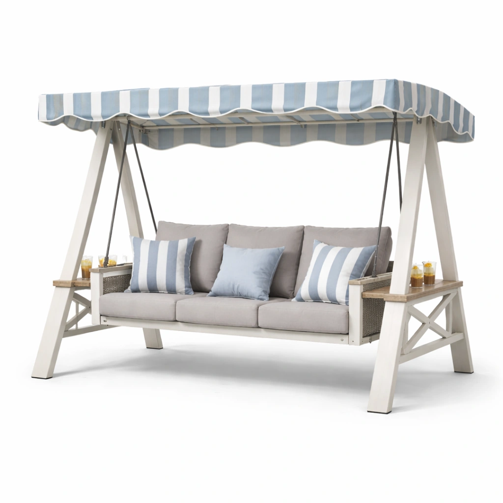 Garten Hollywoodschaukel modern mit Dach und Sitzpolster stabil wetterfest fuer Terrasse Gartenbereich komfortabel langlebig fuer entspannte Nutzung im Freien geeignet-avelnario