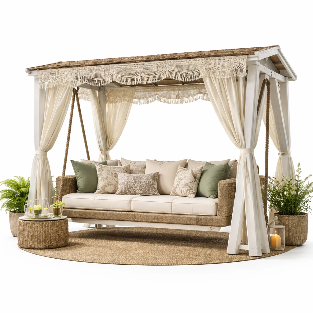 Garten Hollywoodschaukel mit Pavillon und Vorhaengen stabil wetterfest fuer Terrasse Gartenbereich komfortabel langlebig fuer entspannte Stunden im Freien geeignet-avelnario