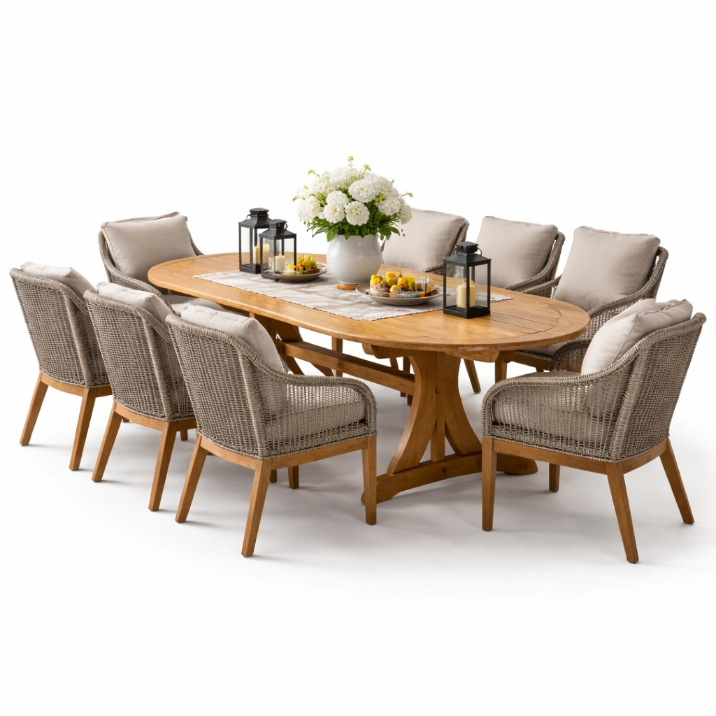 Garten Essgruppe oval mit Tisch und acht Stuehlen aus Holz stabil wetterfest fuer Terrasse Gartenbereich komfortabel langlebig gross fuer gemeinsame Mahlzeiten geeignet-avelnario