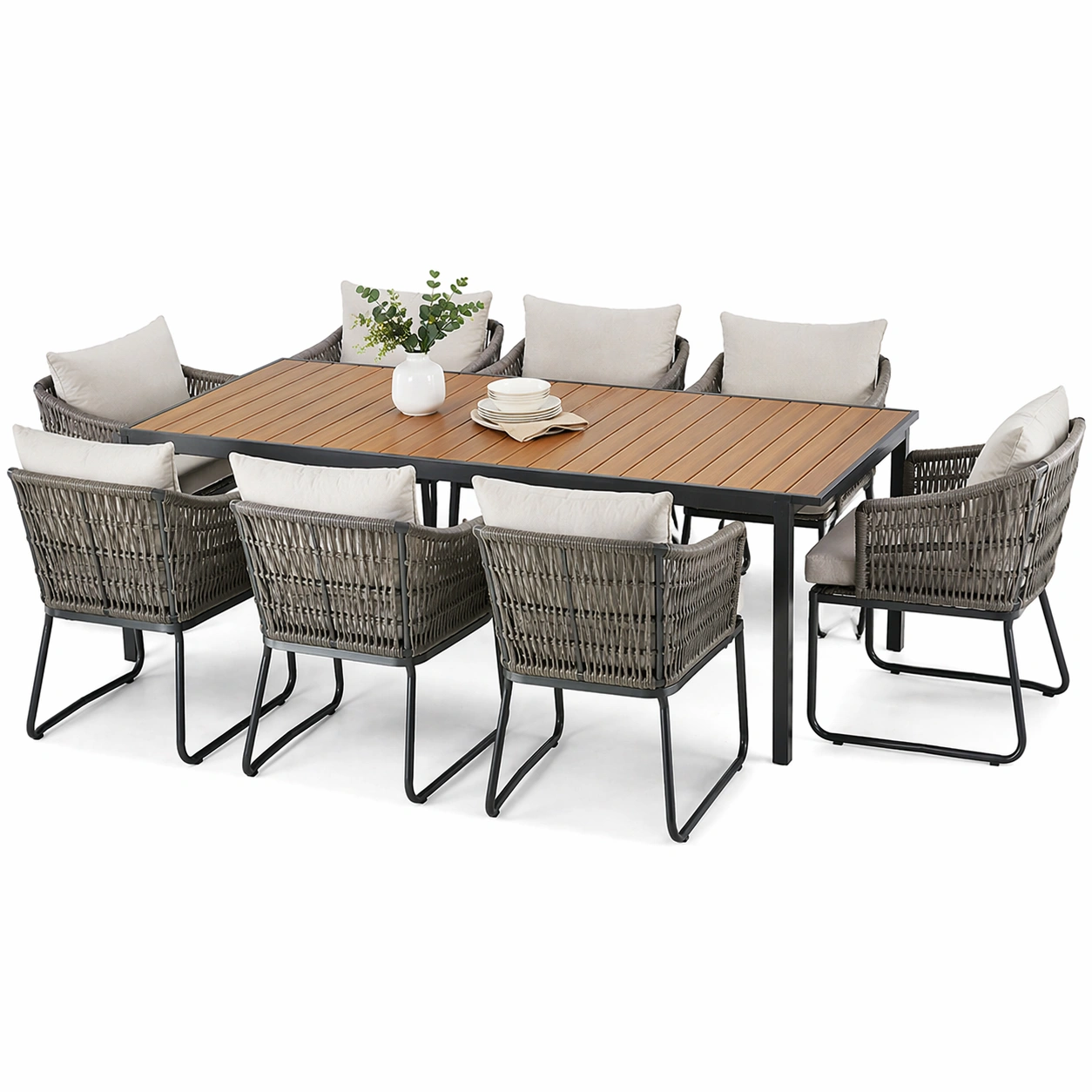 Garten Essgruppe modern mit rechteckigem Tisch und acht Stuehlen stabil wetterfest fuer Terrasse Gartenbereich komfortabel langlebig gross fuer Familien geeignet-avelnario