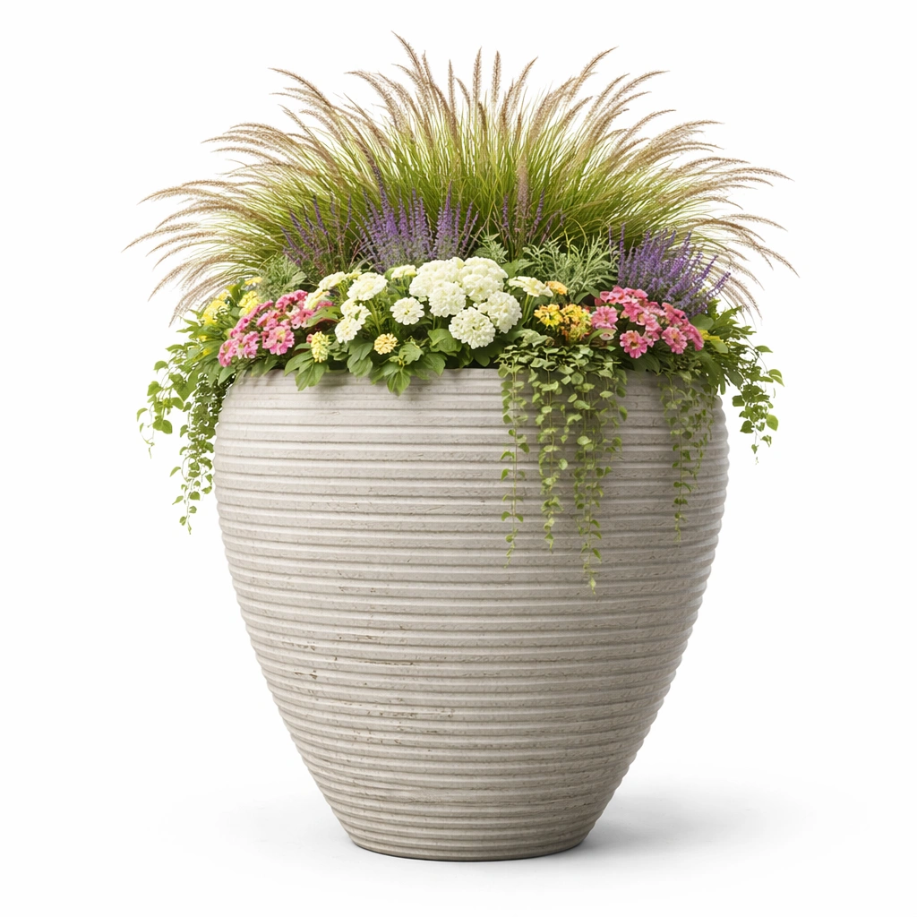 Grosser Pflanzkuebel rund modern mit Struktur stabil wetterfest fuer Garten Terrasse Balkon dekorativ langlebig fuer Blumen und Pflanzen vielseitig einsetzbar geeignet-avelnario