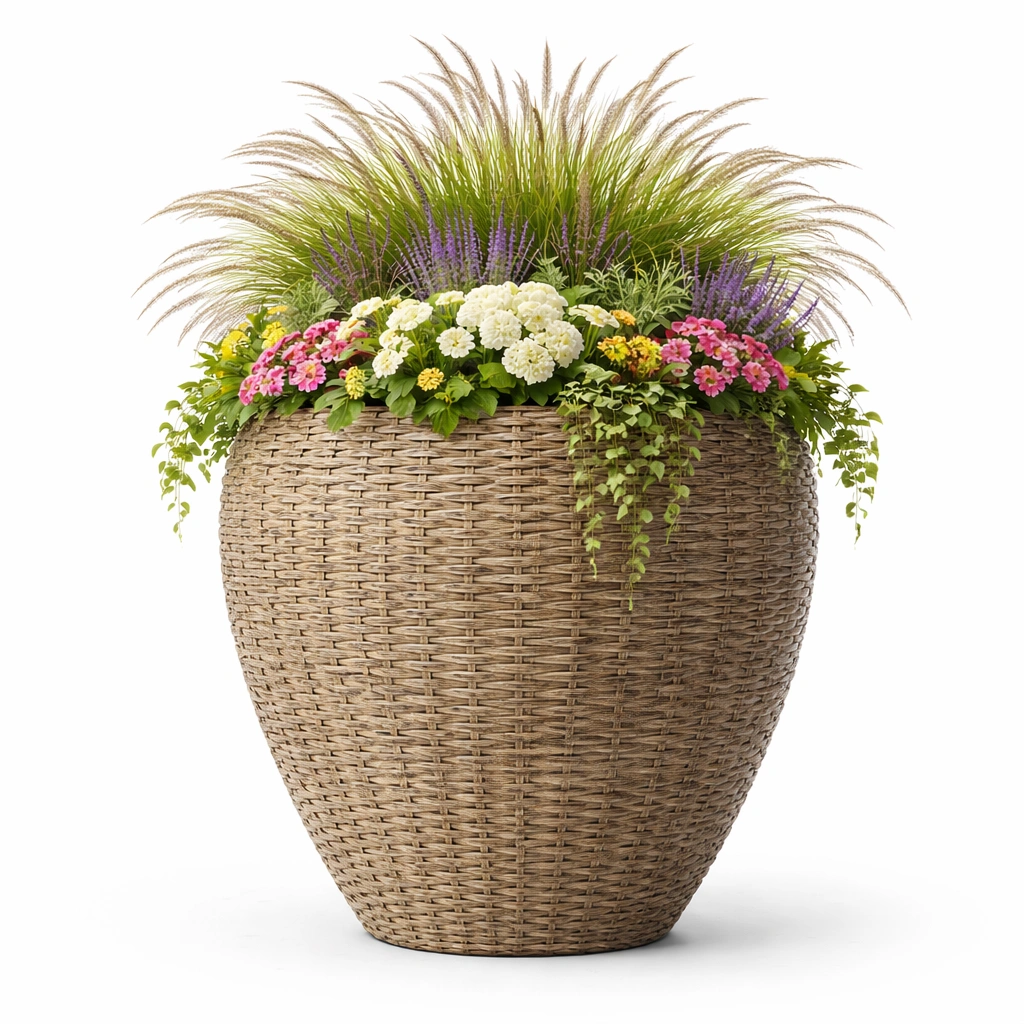 Pflanzkuebel gross rund aus Rattanoptik stabil wetterfest fuer Garten Terrasse Balkon langlebig dekorativ fuer Blumen und Pflanzen vielseitig einsetzbar geeignet-avelnario