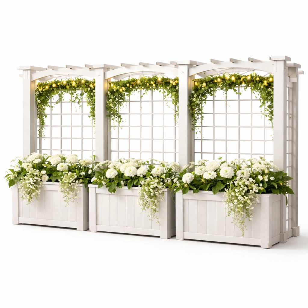 Pflanzkasten mit Rankgitter weiss modern stabil wetterfest fuer Garten Terrasse Balkon dekorativ langlebig fuer Blumen Rankpflanzen und Sichtschutz vielseitig geeignet-avelnario