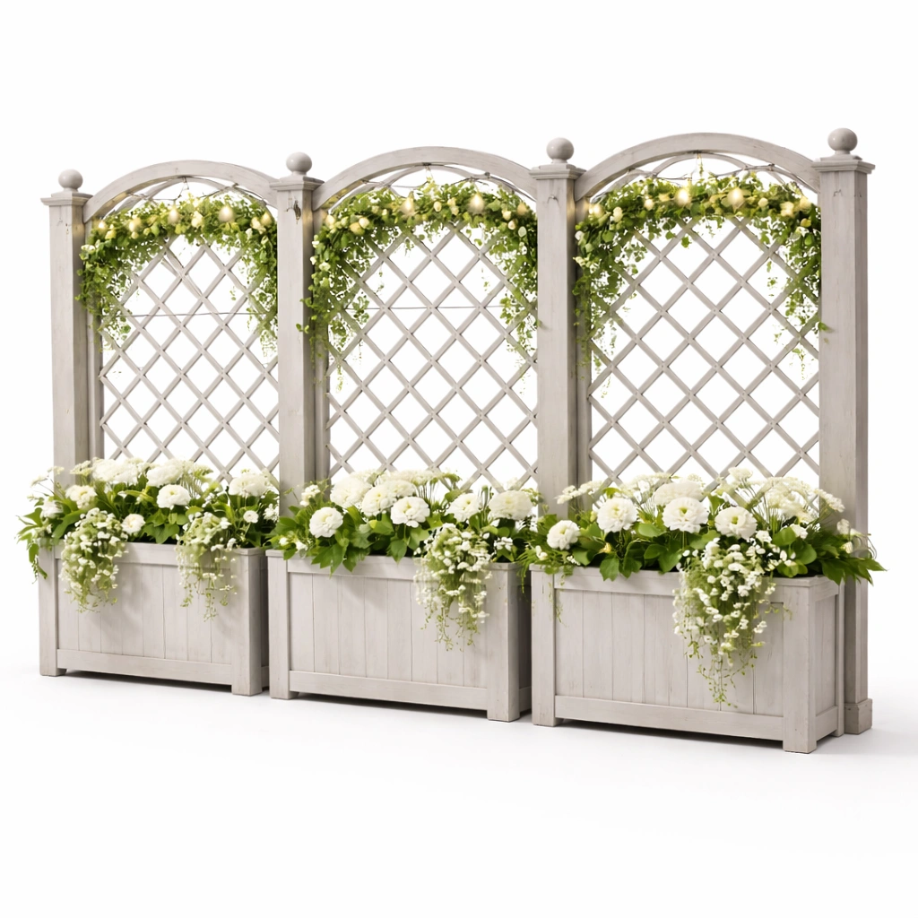 Pflanzkasten mit Rankgitter modern weiss stabil wetterfest fuer Garten Terrasse Balkon dekorativ langlebig fuer Blumen Rankpflanzen und Sichtschutz vielseitig geeignet-avelnario