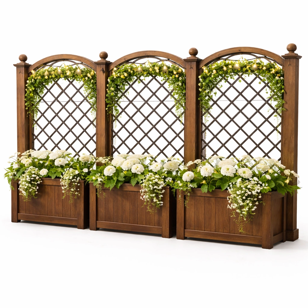 Pflanzkasten mit Rankgitter aus Holz braun stabil wetterfest fuer Garten Terrasse Balkon dekorativ langlebig fuer Blumen Rankpflanzen und Sichtschutz vielseitig geeignet-avelnario