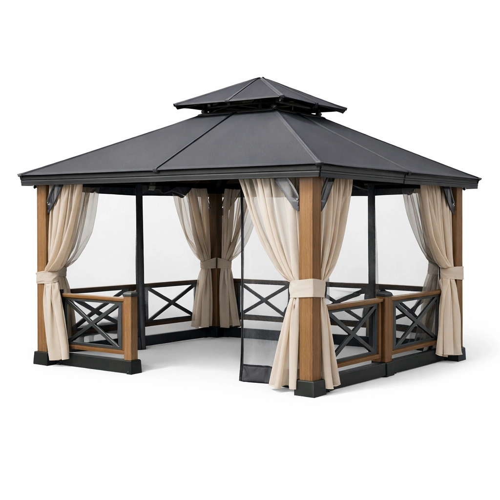 Gartenpavillon aus Metall und Holzoptik mit Dach und Vorhaengen wetterfest stabil modern fuer Terrasse und Gartenbereich Nutzung ganzjaehrig geeignet