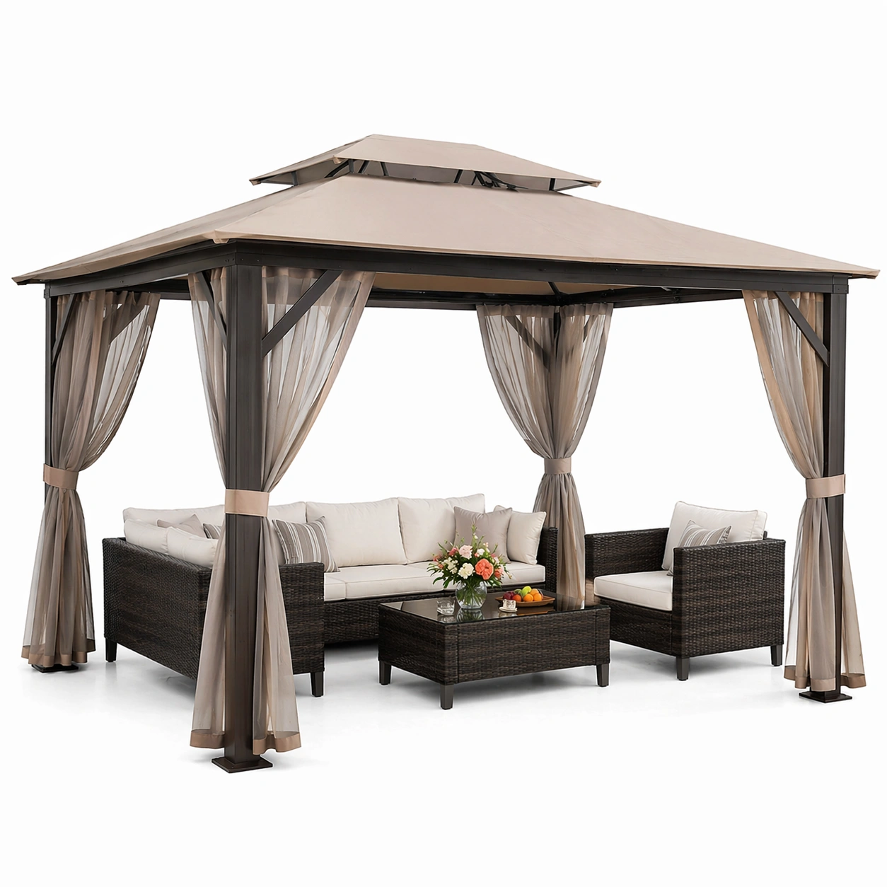 Moderner Gartenpavillon mit Stoffdach und Sitzgruppe gross wetterbestaendig fuer Outdoor Lounge Terrasse Garten stilvoll und komfortabel nutzbar