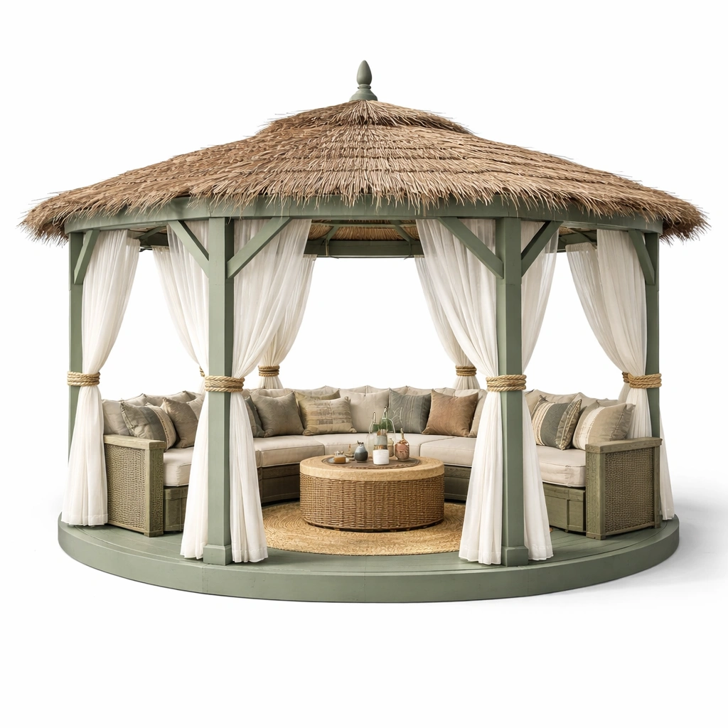 Runder Gartenpavillon aus Holzoptik mit Strohdach und Vorhaengen natuerlich stilvoll fuer Garten Terrasse entspannung wettergeschuetzt gross und bequem