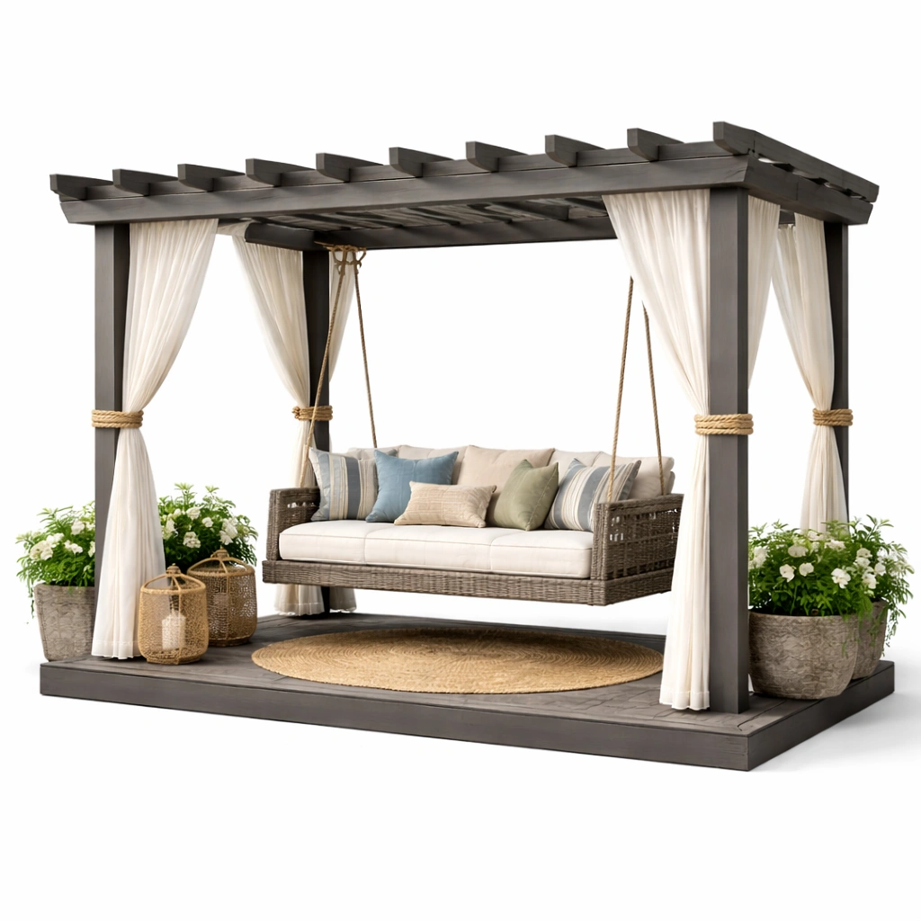 Garten Pergola mit Haengesofa und Vorhaengen stabil wetterfest Holzoptik modern fuer Terrasse Gartenbereich komfortabel entspannung outdoor nutzung langlebig