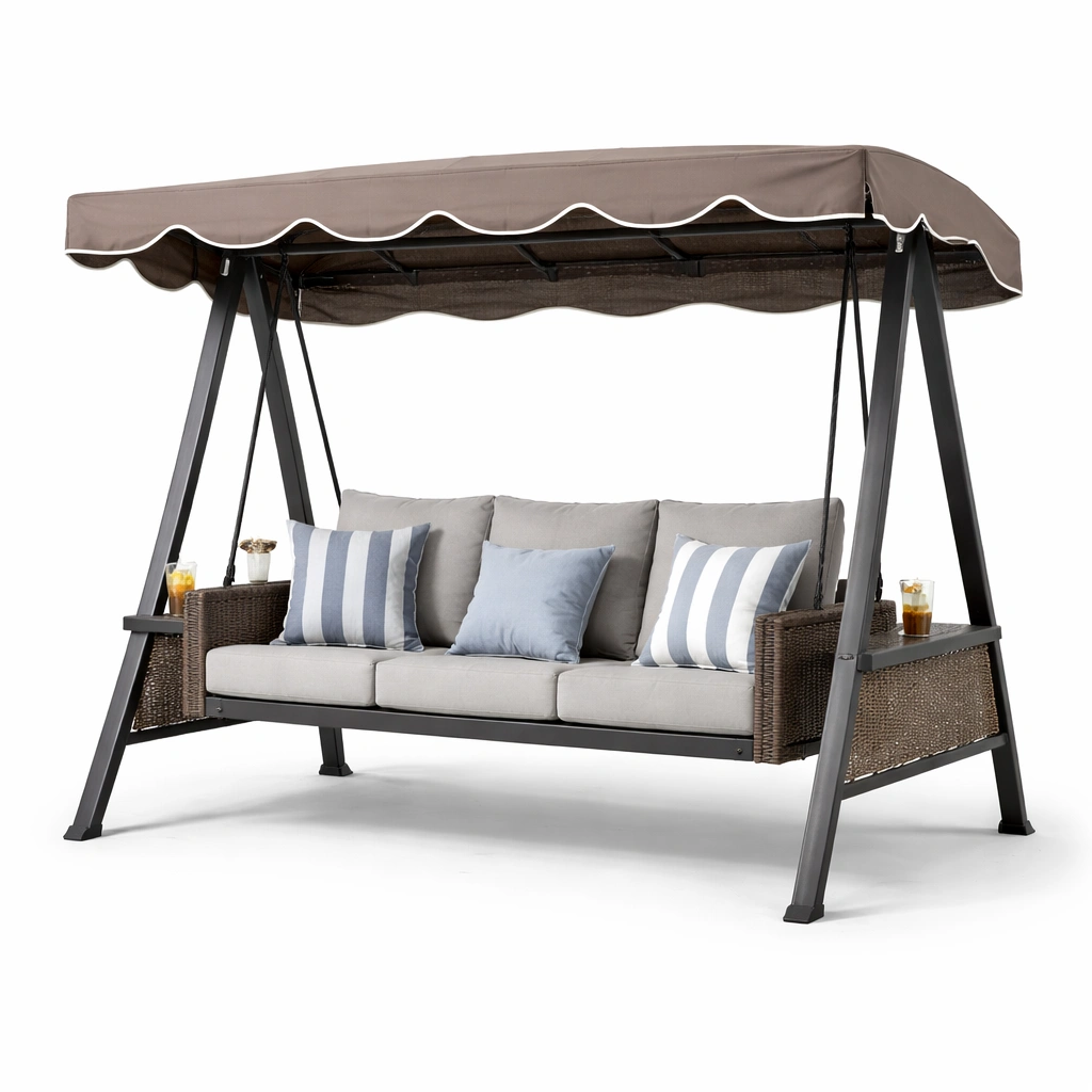 Garten Hollywoodschaukel mit Dach und Kissen modern stabil wetterfest fuer Terrasse Balkon Gartenbereich komfortabel entspannung outdoor nutzung langlebig