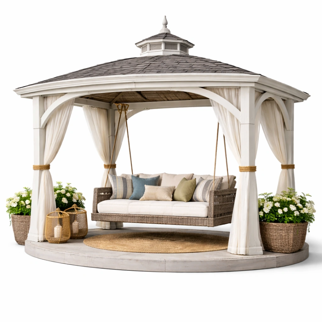 Gartenpavillon mit Haengesofa rund klassisch elegant stabil wetterfest Holzoptik fuer Terrasse Gartenbereich gross komfortabel entspannung outdoor nutzung