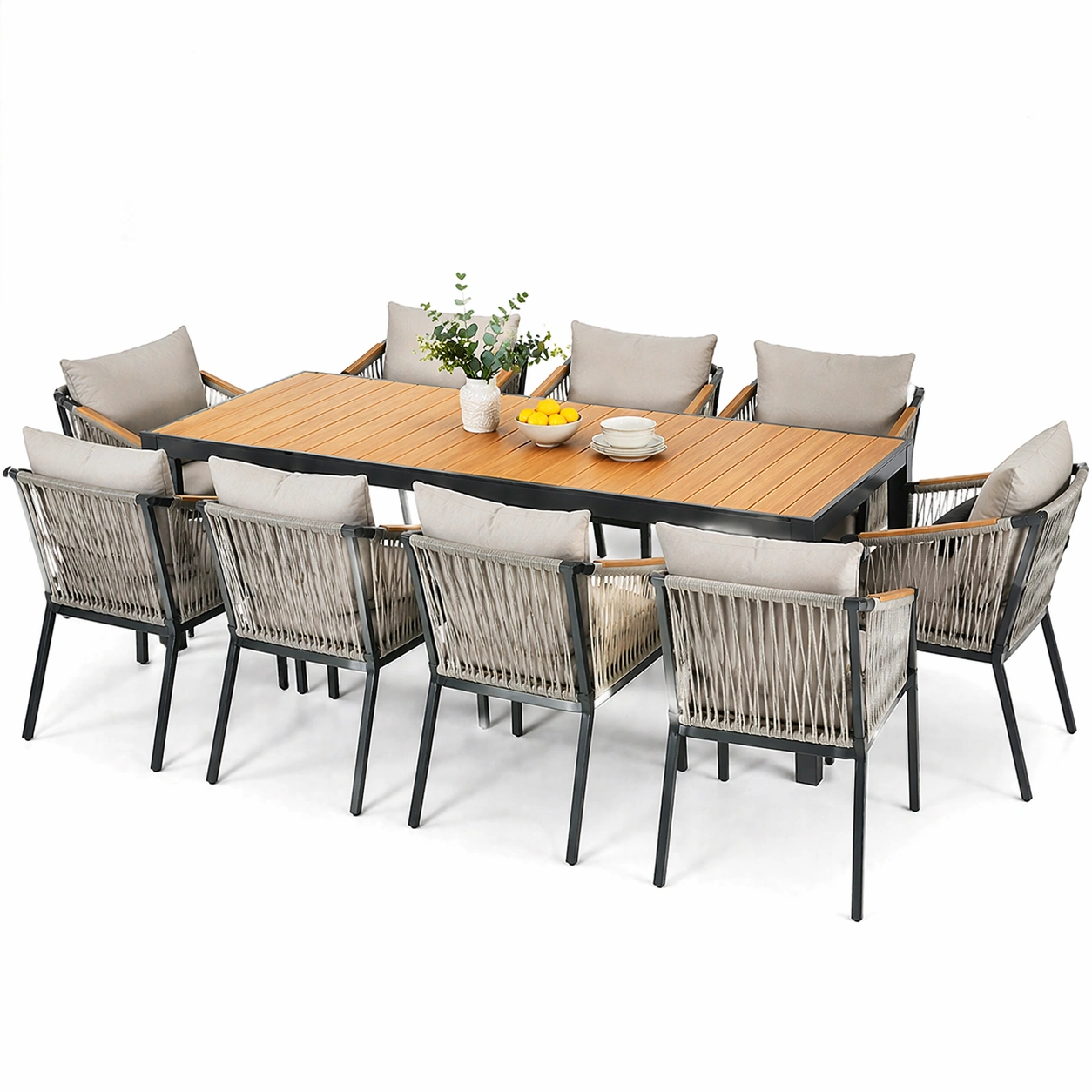 Garten Essgruppe mit grossem Tisch und acht Stuehlen modern stabil wetterfest fuer Terrasse Gartenbereich komfortabel langlebig fuer gesellige Runden im Freien geeignet