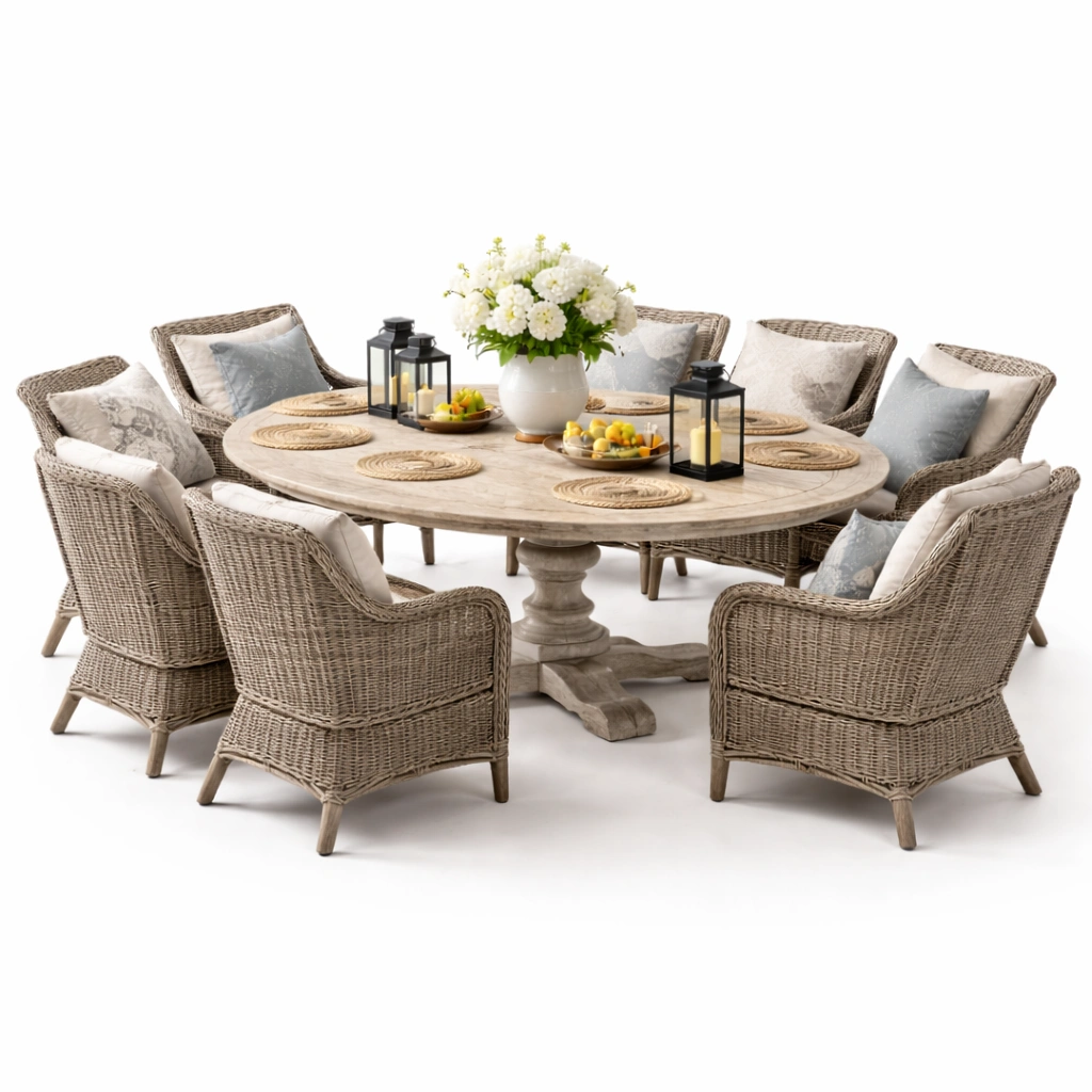 Garten Essgruppe rund mit Tisch und sechs Stuehlen modern stabil wetterfest fuer Terrasse Gartenbereich komfortabel langlebig fuer entspannte Mahlzeiten im Freien geeignet