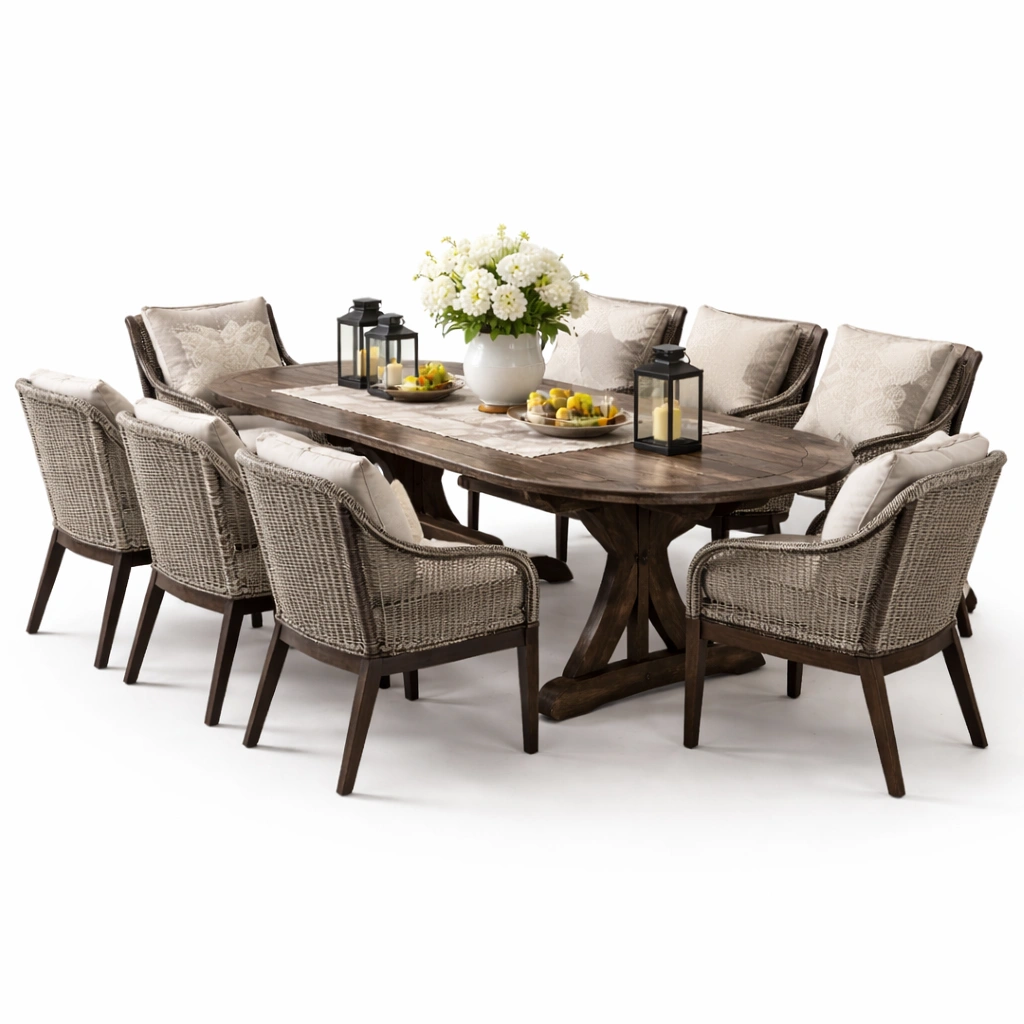 Garten Essgruppe oval mit Tisch und acht Stuehlen klassisch stabil wetterfest fuer Terrasse Gartenbereich komfortabel langlebig fuer grosse Familien geeignet