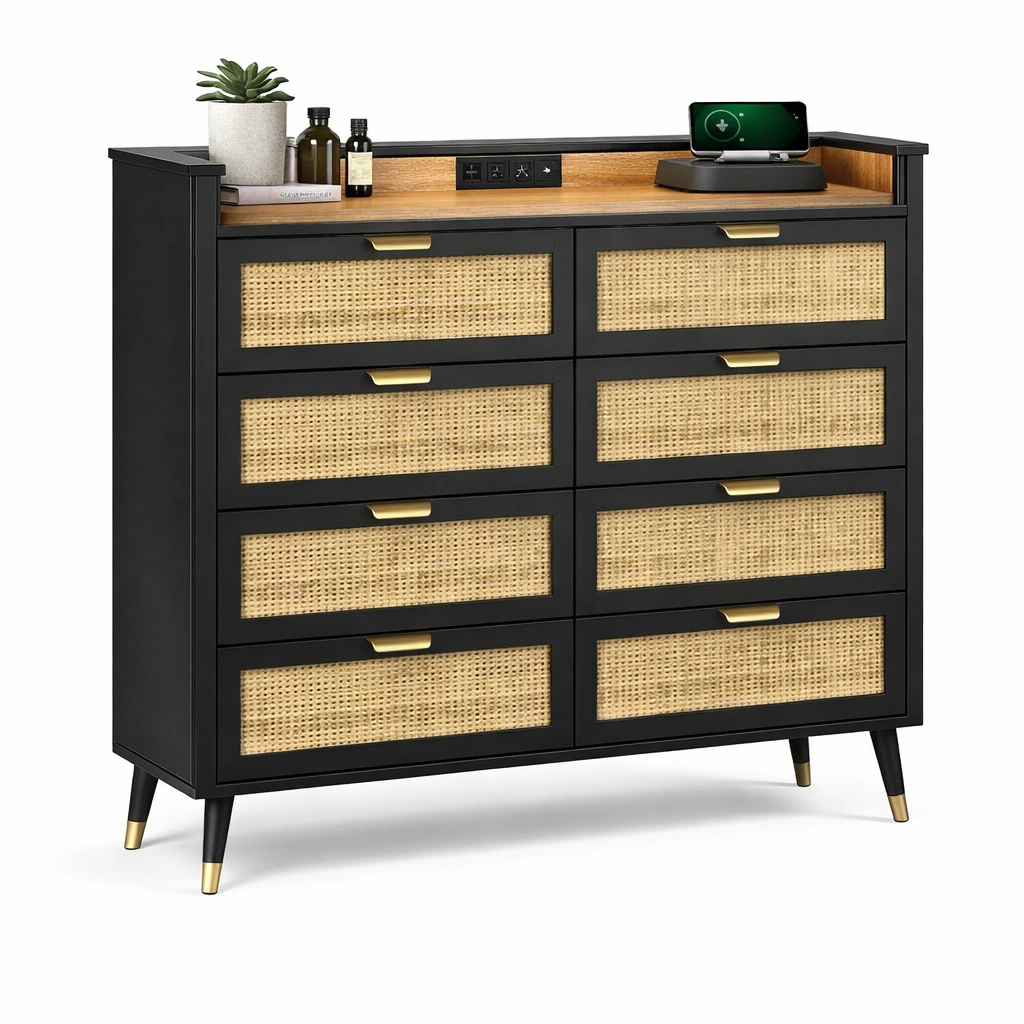 Kommode schwarz mit rattan front und stauraum modern-selvariox