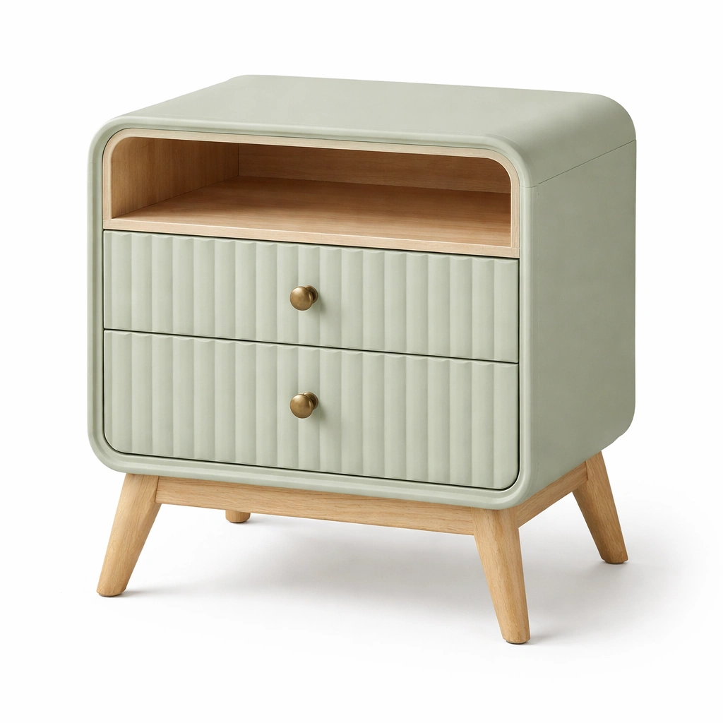 Nachttisch rund weiss mit rattan front modern-selvariox