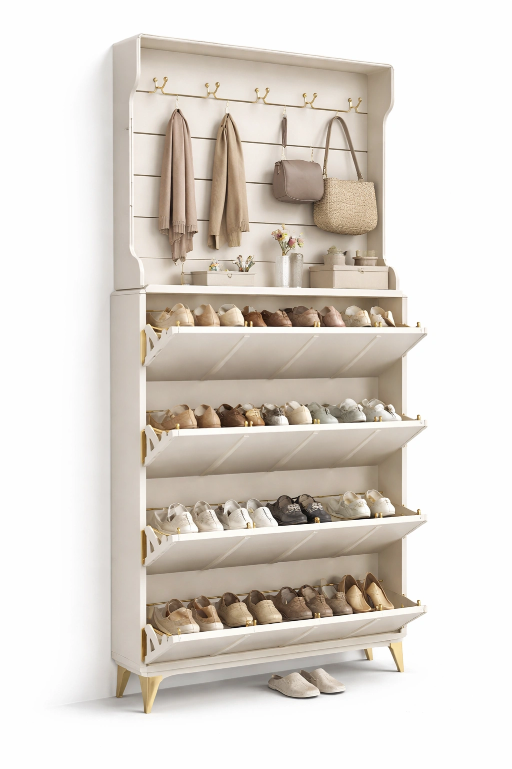 Schuhschrank weiss mit offenen faechern und haken modern-selvariox