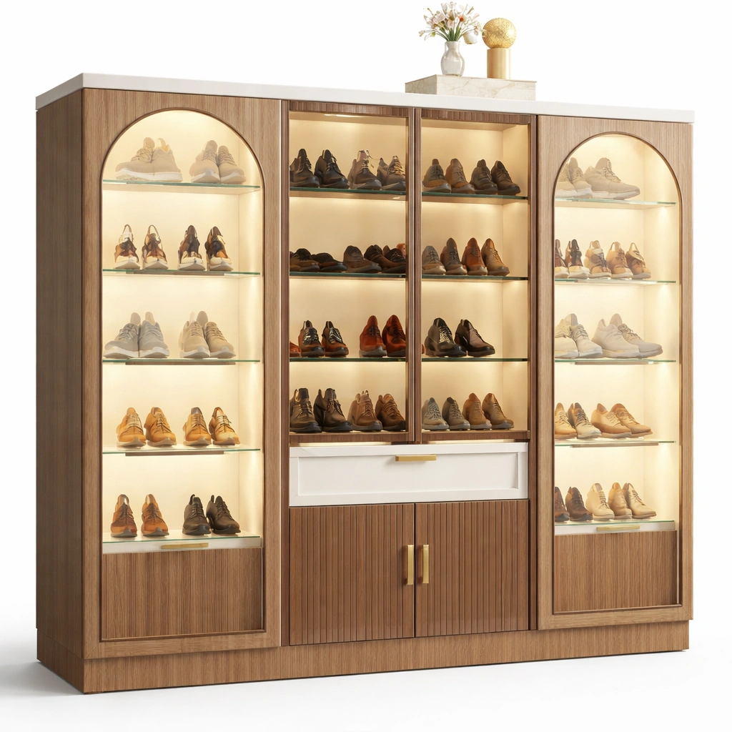 Schuhschrank holz braun mit glas und LED beleuchtung-selvariox