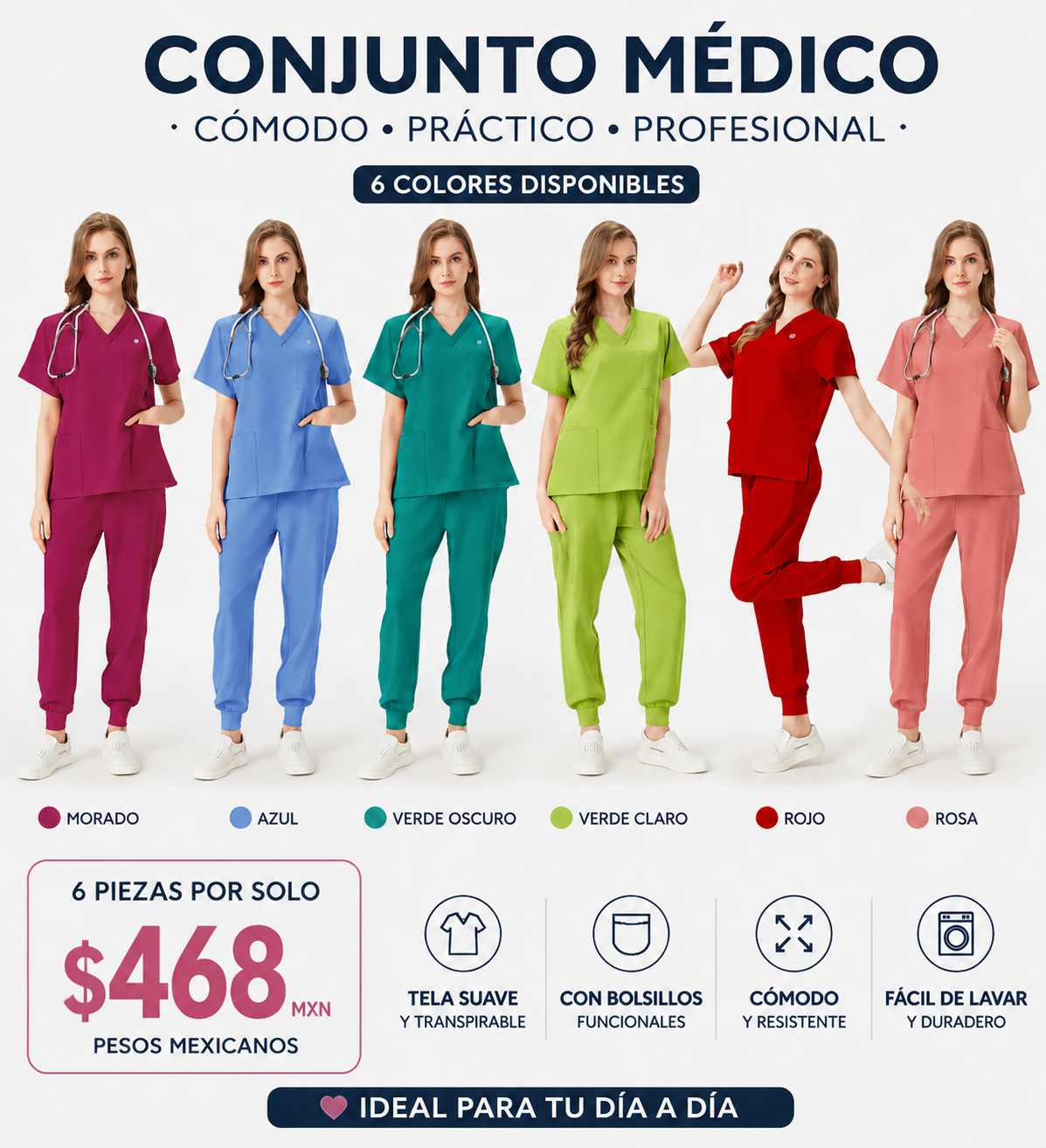 JelriSoFit Classic Uniformes Médicos - Mujer Verde Lima, Suave y elástico